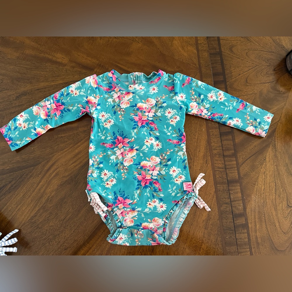 Ruffle Butts Floral Kids Swim Rashguard - Blue and Purple
